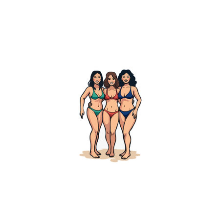 This cartoon illustration depicts three women in their swimwear standing together on a beach during summer. The artwork conveys a sense of friendship, joy, and carefree summer holidays. Ideal forのイラスト素材