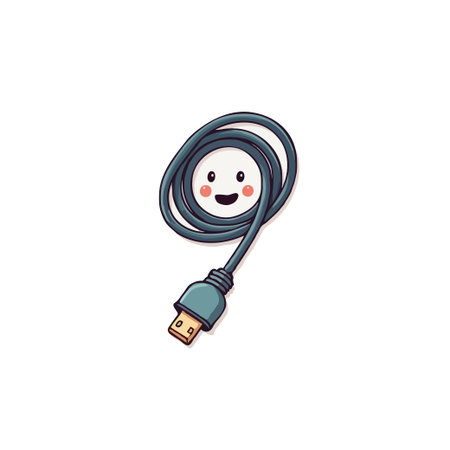 A cheerfully illustrated usb cable, coiled neatly and sporting a friendly face, is ready to transfer...