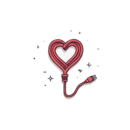A conceptual illustration featuring a heart ingeniously formed from an electrical plug and cable. This creative design represents the connection, energy, and romance that intertwine technology andのイラスト素材
