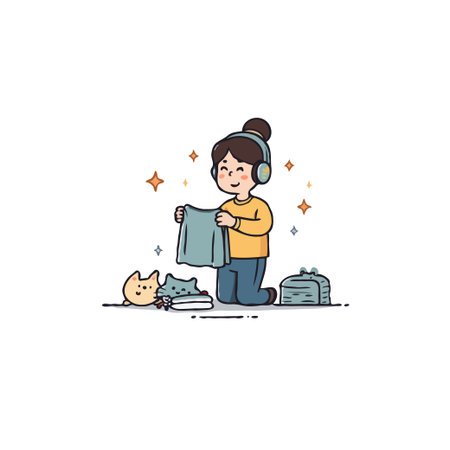 A charming cartoon illustration depicts a young girl with headphones, happily folding clothes with her cat nearby. The scene evokes a sense of domestic bliss and simple joy in everyday tasks likeのイラスト素材