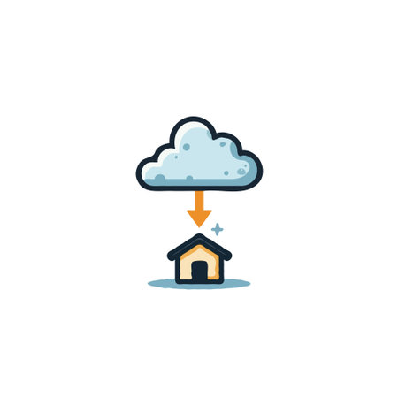 This illustration represents the concept of data transfer from cloud storage to a user's personal device at home. It symbolizes the accessibility and convenience of cloud computing, highlighting theのイラスト素材