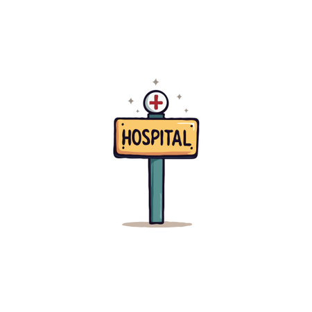 A whimsical cartoon-style illustration showcasing a roadside hospital sign. The design is clean and friendly, featuring a prominent cross emblem above the hospital's name. A visual invitation toのイラスト素材