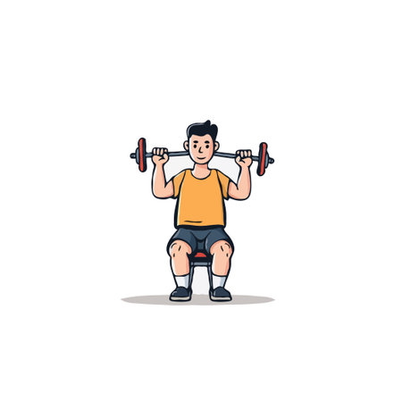 A cartoon illustration depicting a man performing a seated overhead press with a barbell highlighting themes of fitness, strength training, and healthy lifestyle. The image captures the essence ofのイラスト素材