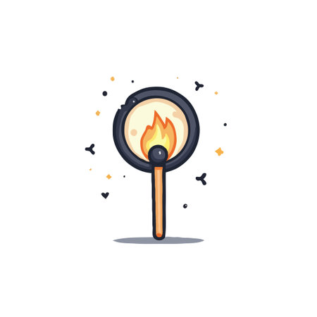 A stylized, cartoon-like illustration of a lit matchstick is presented against a clean, white background. The flame is bright and animated, and the soot particles add detail. This graphic could beのイラスト素材