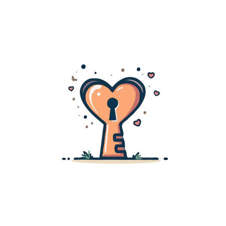 Stylized illustration of a heart-shaped key standing on grass. This whimsical and decorative drawing represents love, security, and access in a charming graphic design. It captures a sense ofのイラスト素材