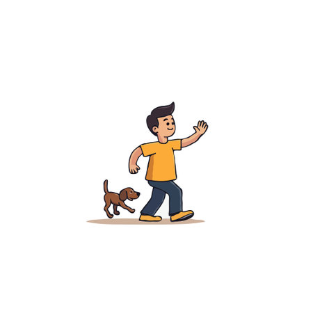 An endearing illustration of a boy strolling with his canine companion. Portraying a moment of pure joy and freedom, the artwork captures their spirited stroll under the sunlight. Perfect forのイラスト素材