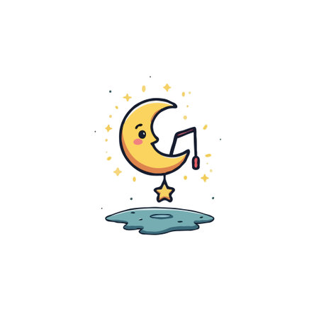 A whimsical cartoon illustration showcases a cute crescent moon character with a smiling face. A star hangs playfully from the moon, reflecting a gentle glow on the water surface below, creating aのイラスト素材
