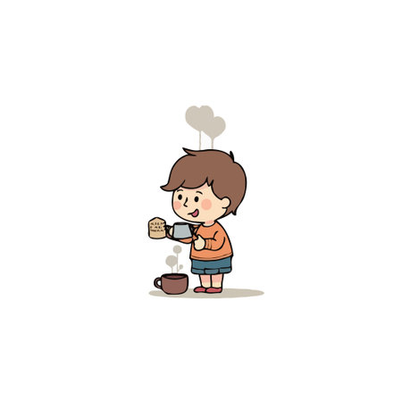An endearing cartoon illustration portrays a young boy diligently pouring a hot drink from a teapot into a cup. Steam gently rises from the beverage, suggesting warmth and comfort. The image evokesのイラスト素材