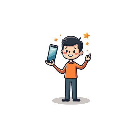 A delightful cartoon illustration presents a cheerful young boy proudly displaying a modern smartphone, surrounded by radiating stars. This scene evokes feelings of success, connection, and digitalのイラスト素材
