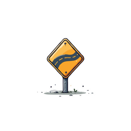 A whimsical cartoon illustration presents a yellow, diamond-shaped road sign, alerting drivers to a winding road ahead. This stylized design is perfect for educational materials or playful designsのイラスト素材