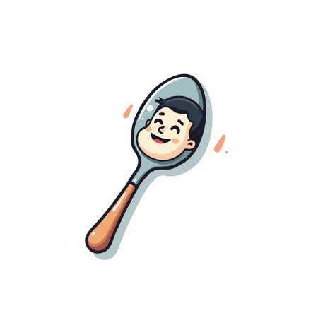 A whimsical cartoon image showcases a gleeful face reflected in a shiny metal spoon, complete with a wooden handle. The cheerful illustration conveys positivity and lightheartedness, making it aのイラスト素材