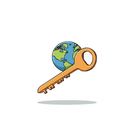 Illustration depicting a key unlocking the world, symbolizing access to global opportunities, international connections, and security solutions. Represents the potential for growth, discovery, andのイラスト素材