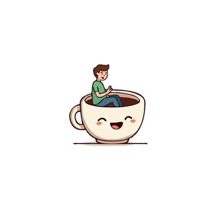 A charming illustration depicts a person casually seated inside a huge, friendly coffee cup. The scene evokes feelings of comfort and pleasure, suggesting relaxation and a simple enjoyment of life'sのイラスト素材