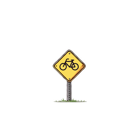 Illustration of a yellow bicycle route sign on a pole, advising cyclists of a dedicated path. The design is simple and clear, promoting transportation, safety, and awareness for cyclists in urbanのイラスト素材