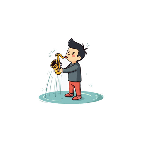 A young boy is passionately playing a saxophone, creating ripples in a puddle, visualizing the sound waves and emotions of his music. This cheerful cartoon illustration captures the joy and artisticのイラスト素材