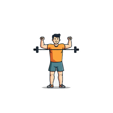 Cartoon style illustration depicting a weightlifter lifting a barbell. The image shows determination, fitness and sport. The cartoon style illustration conveys strength and health-focused lifestyle.のイラスト素材