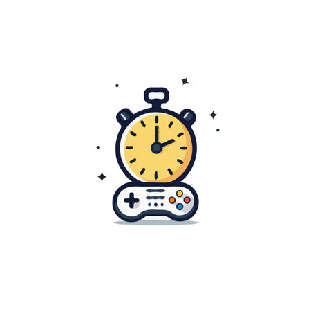 A playful graphic representing gaming time, featuring a stopwatch balanced on a game controller....