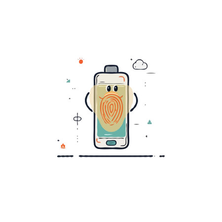 Stylized mobile device showcasing biometric identification using a whimsical, fingerprint based...