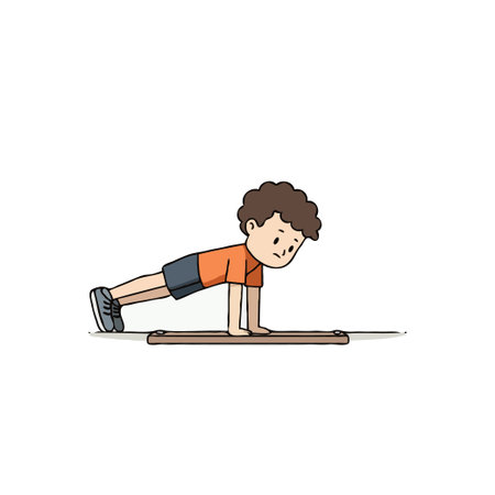 An illustration depicts a young boy character executing a plank exercise indoors, signifying...