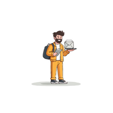 A cheerful delivery person stands ready to dispatch correspondence. The vector illustration features...
