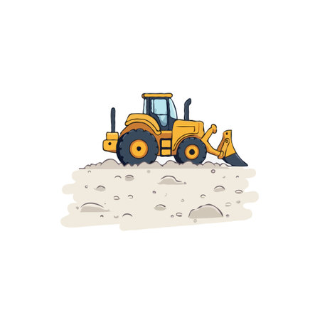 A cartoon illustration depicts a cheerful yellow bulldozer positioned atop a sandy dune. This...