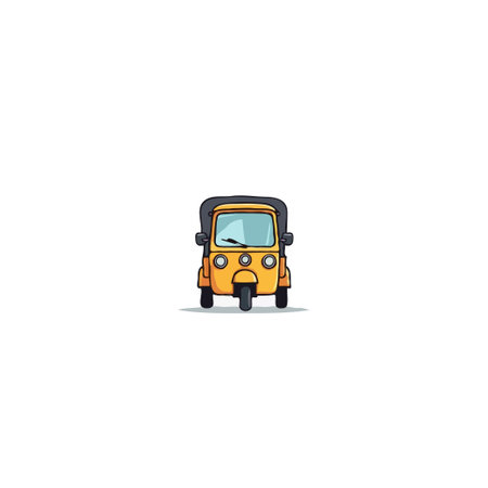 A whimsical cartoon illustration showcases a yellow auto rickshaw, a common sight in numerous cities...