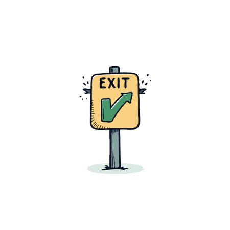 A stylized illustration depicts an exit sign featuring a green arrow pointing up and to the right. This symbolizes not just an exit but also a positive direction, suggesting opportunities andのイラスト素材