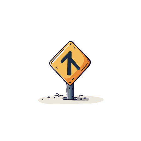 A whimsical illustration depicts a yellow road sign featuring a prominent upward-pointing arrow. The...