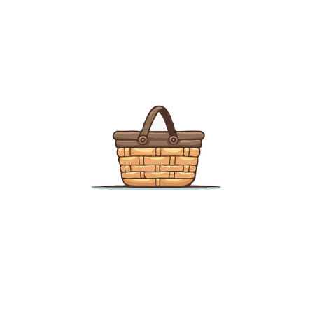 A charming cartoon illustration displays a woven picnic basket with a sturdy brown handle, suggesting a simple yet delightful design. Perfect for themes related to picnics, outings, food, summer,のイラスト素材