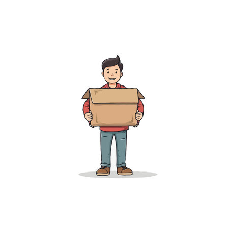 Illustration of a happy young man carrying a large, open cardboard box. Depicts themes of moving, delivery services, online shopping, or general relocation. The figure's cheerful expression suggestsのイラスト素材