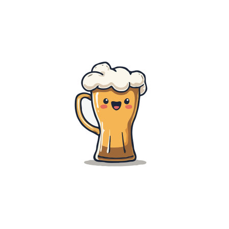 A delightful cartoon illustration showcases a charming beer mug with adorable facial features and a frothy topping. The design exudes cheerfulness and a playful touch, set against a clean whiteのイラスト素材
