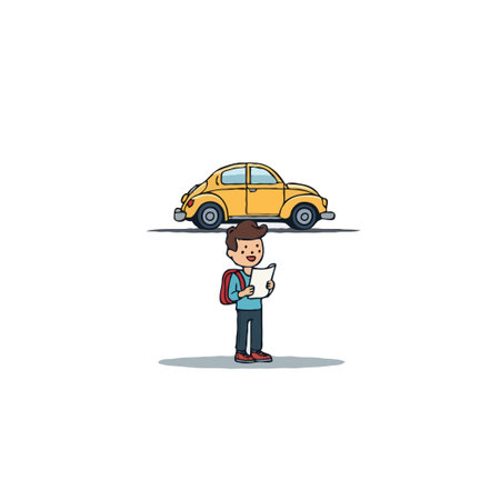 A young traveler humorously balances the weight of automotive knowledge on his head. He is seen on a journey of learning and adventure, exploring the intricate details of a vintage vehicle using aのイラスト素材