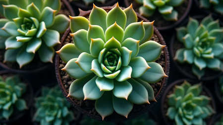 A captivating close-up showcases elegant succulents, creating a geometric rosette.の素材