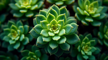 A fresh close-up of succulents exhibiting lush green tones.の素材