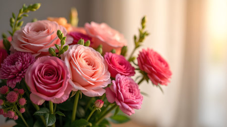 Beautiful close-up of a floral arrangement showcasing delicate pink roses in soft, natural light.の素材