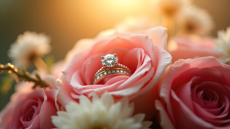 A diamond engagement ring nestled in soft pink roses, symbolic of romance and commitment.の素材