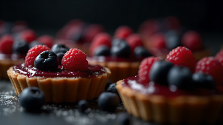 Delicious mini berry tartlets with fresh raspberries and blueberries, close-up view.の素材