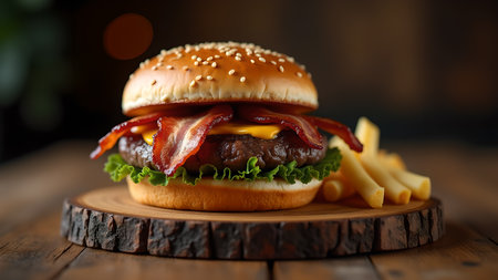 A mouthwatering bacon cheeseburger accompanied by crispy golden French fries. Served on a rustic wooden surface. The perfect indulgent meal for lunch or dinner.の素材