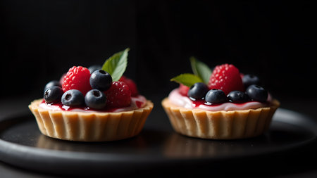 Two berry tartlets with cream filling are served.の素材
