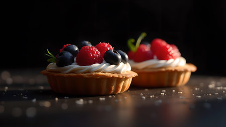 Close-up of two berry tarts with a creamy filling, on a reflective surface against a dark background.の素材