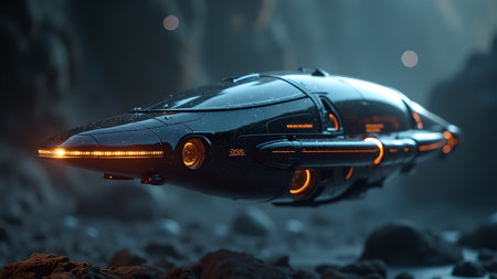 A sophisticated futuristic spaceship glides through a surreal landscape. The scene evokes a sense of exploratory adventure and innovative design. The spacecraft's sleek form contrasts against the misty alien terrain below, creating a captivating visual narrative.の素材