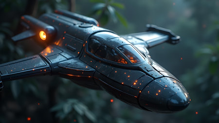 A futuristic spaceship is captured mid-flight through a lush, exotic jungle. It evokes a sense of adventure, technological advancement, and intergalactic exploration.の素材