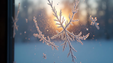 A delicate array of frost crystals adorns a window pane, backlight by gentle sunlight. Winter's touch transforms the ordinary into an ethereal display, creating a serene and captivating scene.の素材
