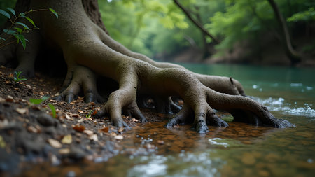 Close-up capturing the intricate roots of a tree meeting the flowing water along a riverbank, highlighting the harmony of the forest ecosystem.の素材
