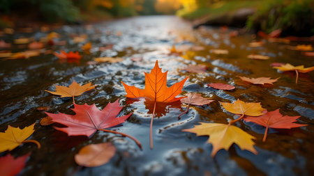 A captivating scene of fallen maple leaves in vivid autumn colors floating serenely on a gentle stream, showcasing the beauty of the changing seasons.の素材