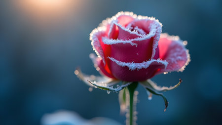 A close-up of a pink rose delicately edged with frost, capturing the contrast between the flower's warmth and winter's chill, highlighting its unique and fleeting beauty.の素材
