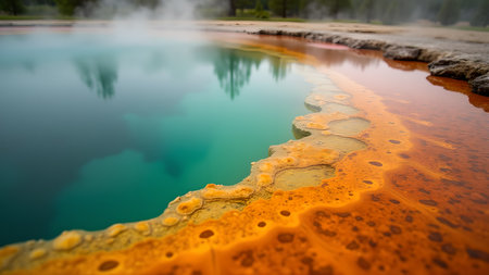 A vivid geothermal spring features turquoise water juxtaposed with orange mineral deposits. Steam rises above the water's surface, suggesting thermal activity and a colorful environmentの素材