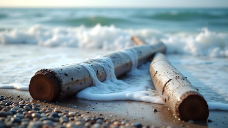 A serene beach scene showcasing weathered driftwood logs embraced by gentle waves. Pebbles line the shore, as the ocean meets the sandy edge in peaceful tranquility.の素材