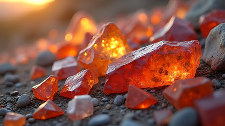 A vibrant close-up showcases sparkling orange gemstones scattered across a pebble-strewn surface, illuminated by the warm glow of a setting sun.の素材