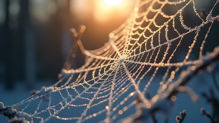 A delicate spiderweb, covered in frost, glistens in the early morning light of winter. The intricate pattern is a beautiful display of nature's artistry.の素材